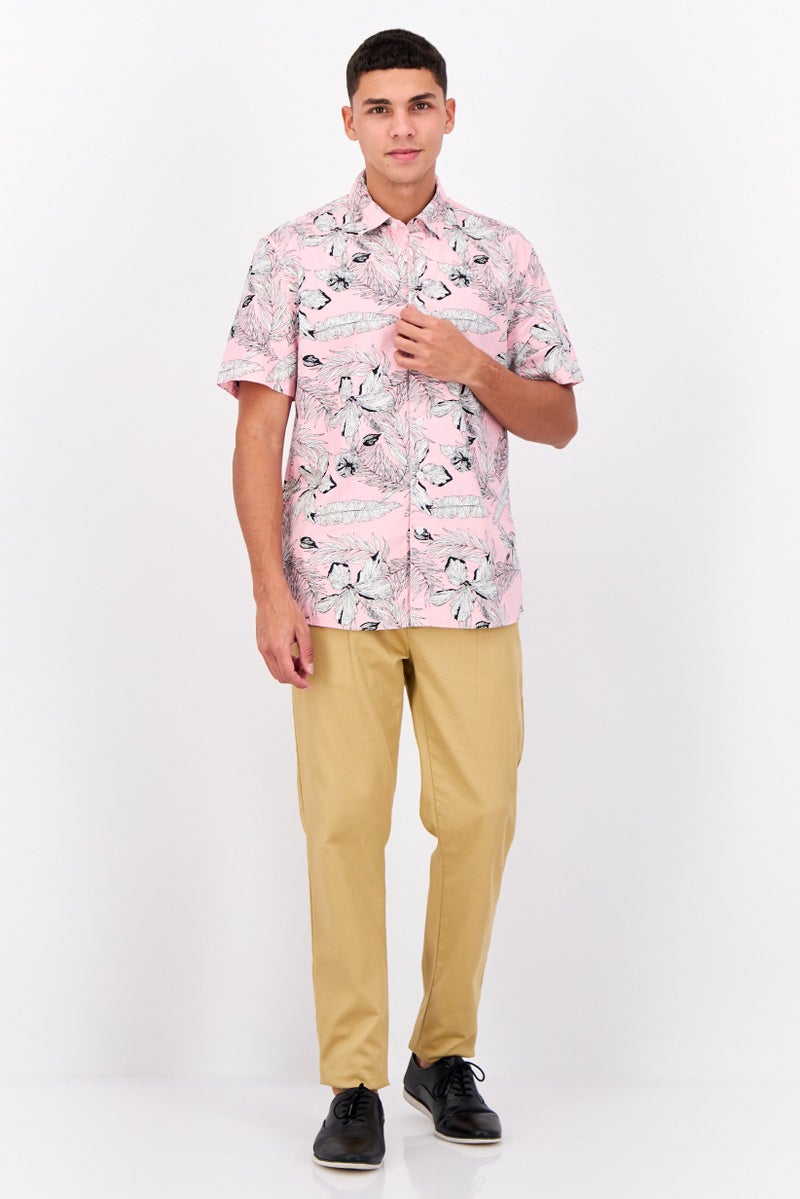 Peter Werth قميص رجالي عادي مزخرف بأكمام قصيرة، وردي - Image 4